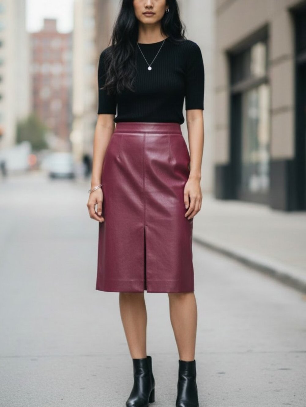 Aritzia Babaton Faux Leather Skirt Wine Burgundy Minimalist Sleek (12)